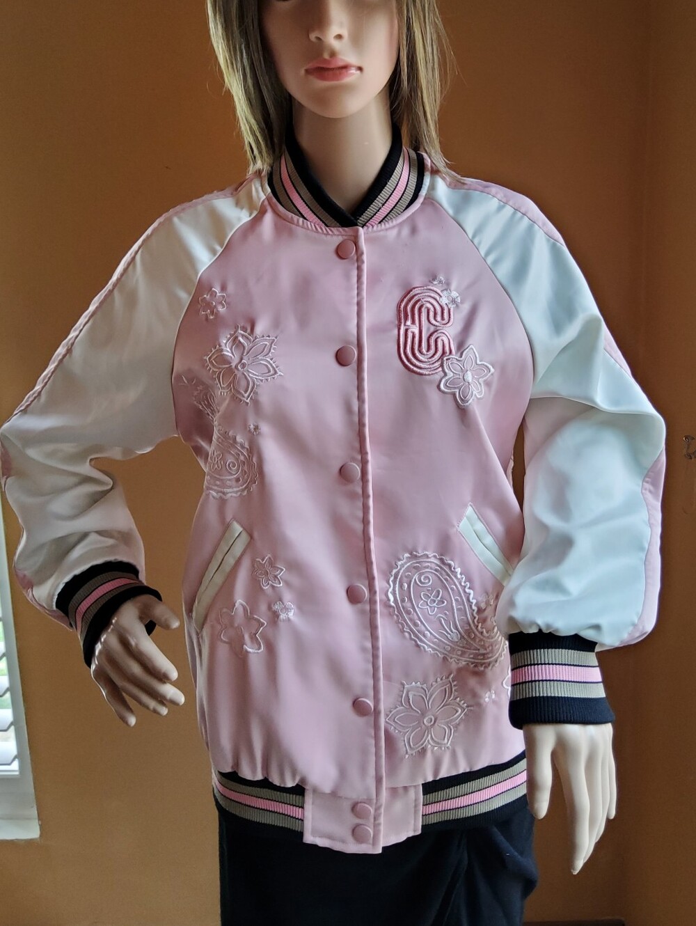 Coach Inspired Pink & White Satin Embroidered Varsity Bomber Jacket
